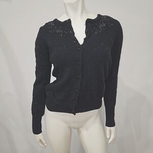 H&M Black Embelished Lambswool Angora Cardigan Sweater Classic Knit US 8